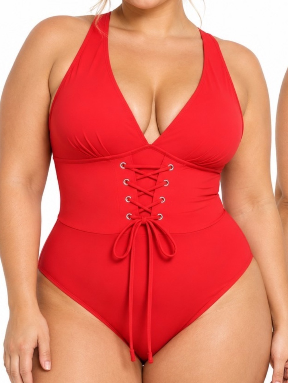 Shapellx Plunge Lace-Up Tummy Control One-Piece Swimsuit Large